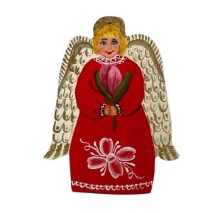 Primitive Handpainted Wood Christmas Angel Ornament European Folk Art Signed ‘14